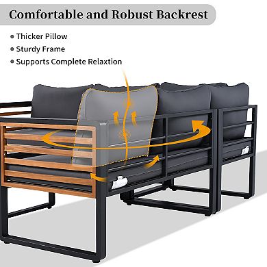 Merax 4 Pieces Outdoor Patio Conservation Set, Metal and Wood Frame Sectional L-shaped Sofa