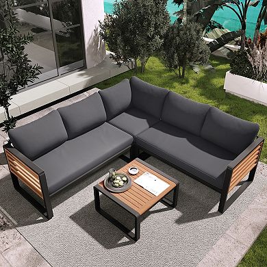 Merax 4 Pieces Outdoor Patio Conservation Set, Metal and Wood Frame Sectional L-shaped Sofa