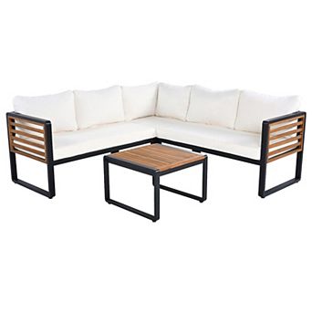 Merax 4 pc Outdoor Patio Conservation Set, Metal and Wood Frame Sectional L-shaped Sofa