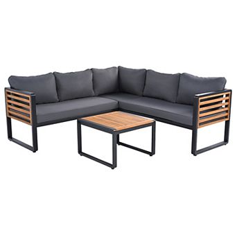 Merax 4 pc Outdoor Patio Conservation Set, Metal and Wood Frame Sectional L-shaped Sofa