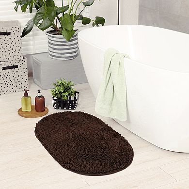 1Pc Oval Plush Bath Mat, Soft Non Slip Absorbent Rug, Rubber Backing Rugs for Shower Floor 20" x 32"