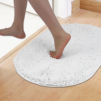1Pc Oval Plush Bath Mat, Non Slip Absorbent Rug, Rubber Backing Rugs for Shower Floor 16"x 24"