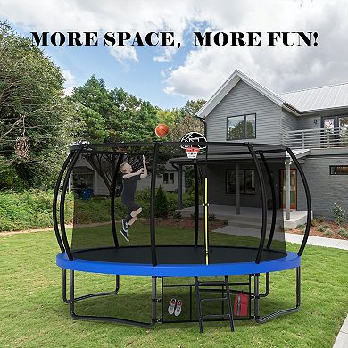 14FT Blue Pumpkin Trampoline with Basketball Backboard and Storage Bag 330 lbs Limit