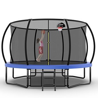 14FT Blue Pumpkin Trampoline with Basketball Backboard and Storage Bag 330 lbs Limit