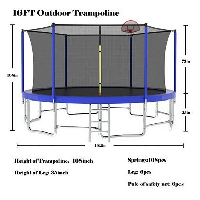 16FT Trampoline with Balance Bar Hoop Reinforced Type Outdoor Trampoline with Enclosure Net