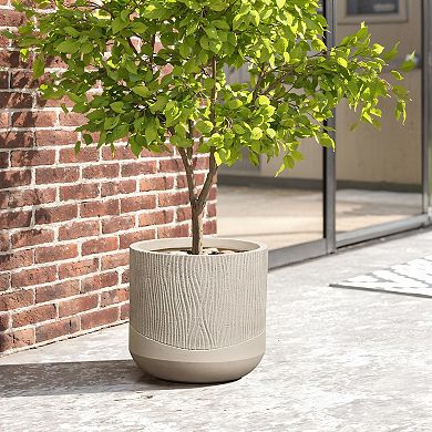 LuxenHome Blended Tan with Wood Pattern Round MgO Planter