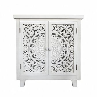 Parisloft White Wood Storage Cabinet with 2 Hollow-Carved Doors and Shelf