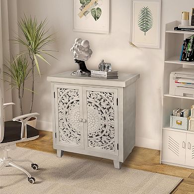 Parisloft White Wood Storage Cabinet with 2 Hollow-Carved Doors and Shelf