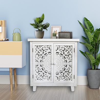Parisloft White Wood Storage Cabinet with 2 Hollow-Carved Doors and Shelf
