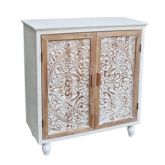 Parisloft Wood Storage Cabinet with 2 Carved Design Doors and a Movable Shelf, Brown and White