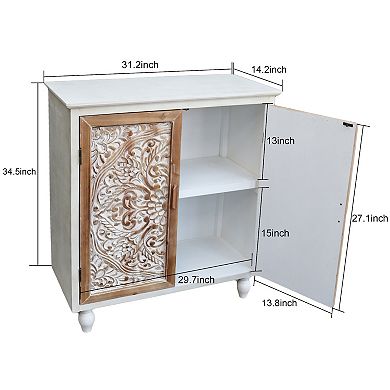 Parisloft Wood Storage Cabinet with 2 Carved Design Doors and a Movable Shelf, Brown and White