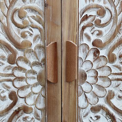 Parisloft Wood Storage Cabinet with 2 Carved Design Doors and a Movable Shelf, Brown and White