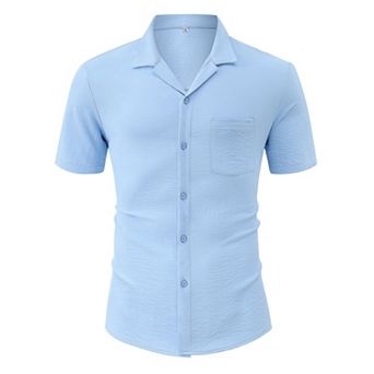 Men's Casual Cuban Shirts Silk Like Short Sleeve Button Down Shirt