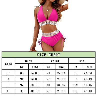 Womens High Waisted Bikini Sets Tummy Control Swimsuits Color Block Drawstring 2 PCS Bathing Suits