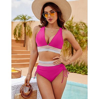 Womens High Waisted Bikini Sets Tummy Control Swimsuits Color Block Drawstring 2 PCS Bathing Suits