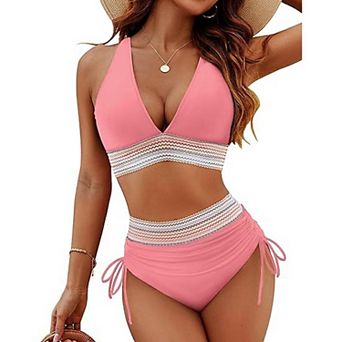 Womens High Waisted Bikini Sets Tummy Control Swimsuits Color Block Drawstring 2 pc Bathing Suits