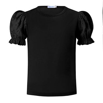 Girls Blouse Ruffle Puff Short Hollow Out Sleeve T-Shirt Round Neck Solid Casual Tops