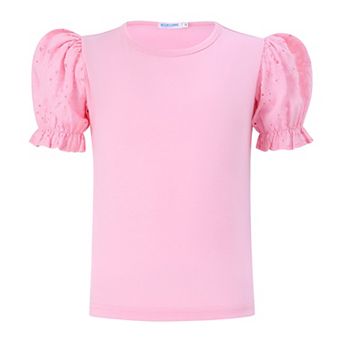 Girls Blouse Ruffle Puff Short Hollow Out Sleeve T-Shirt Round Neck Solid Casual Tops