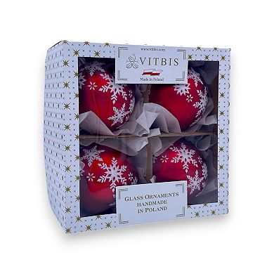Discover Europe Made in Poland Red Snowflake Glass Ball Christmas Ornament Set of 4