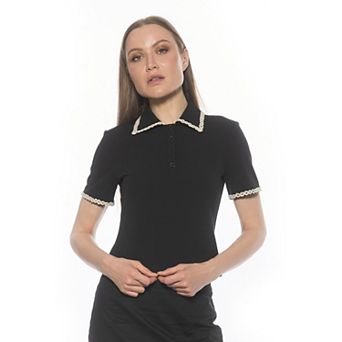 Women's ALEXIA ADMOR Short Sleeve Trimmed Collared Top
