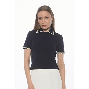 Women's ALEXIA ADMOR Short Sleeve Trimmed Collared Top