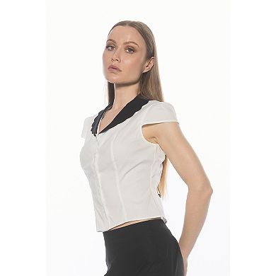 Women's ALEXIA ADMOR Cap Sleeve Scallop Collar Button Down Top