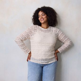 Juniors' Plus Size LC Lauren Conrad Long Sleeve Lace T-Shirt
