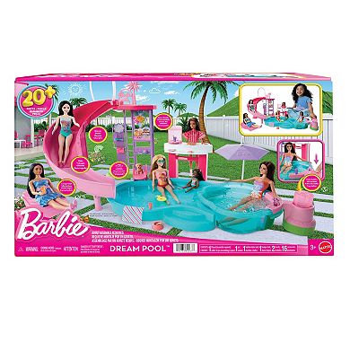 Barbie Dream Pool Playset with Slide and Bubbling Hot Tub and 20-piece Accessories