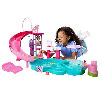Barbie Dream Pool Playset with Slide and Bubbling Hot Tub and 20-piece Accessories