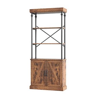 Tall Industrial Bookshelf with Doors, Freestanding Wood and Metal Storage Organizer for Bedroom