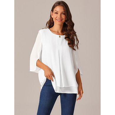 Women's Casual Round Neck 3/4 Sleeve Double Layered Shirt Chiffon Blouse Tops