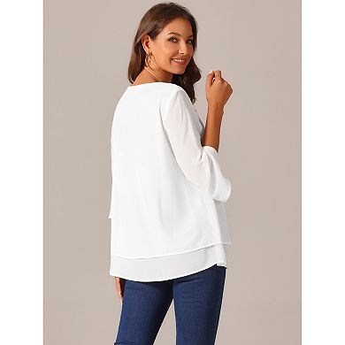 Women's Casual Round Neck 3/4 Sleeve Double Layered Shirt Chiffon Blouse Tops