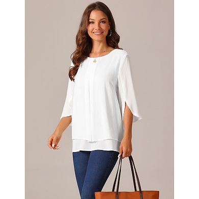 Women's Casual Round Neck 3/4 Sleeve Double Layered Shirt Chiffon Blouse Tops