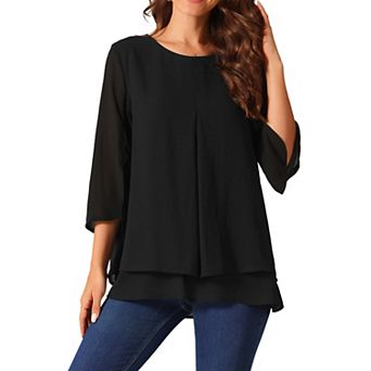 Women's Casual Round Neck 3/4 Sleeve Double Layered Shirt Chiffon Blouse Tops