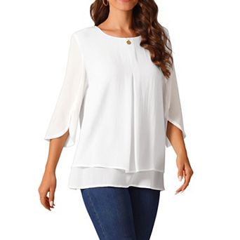 Women's Casual Round Neck 3/4 Sleeve Double Layered Shirt Chiffon Blouse Tops