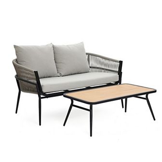 LuxenHome Outdoor Aluminum with PE Rope Loveseat Sofa with Cushions and Coffee Table Set