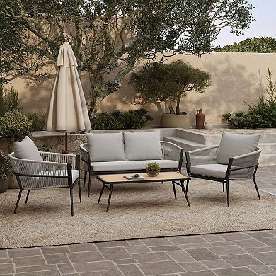 LuxenHome Outdoor Aluminum with PE Rope Loveseat Sofa with Cushions and Coffee Table Set