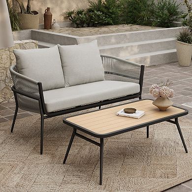 LuxenHome Outdoor Aluminum with PE Rope Loveseat Sofa with Cushions and Coffee Table Set