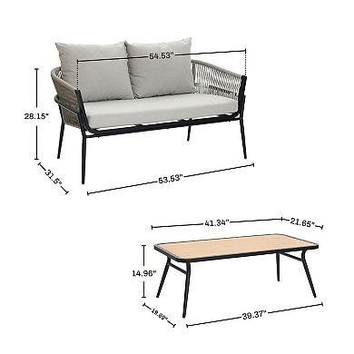 LuxenHome Outdoor Aluminum with PE Rope Loveseat Sofa with Cushions and Coffee Table Set