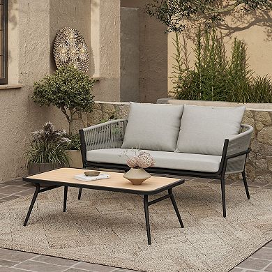 LuxenHome Outdoor Aluminum with PE Rope Loveseat Sofa with Cushions and Coffee Table Set