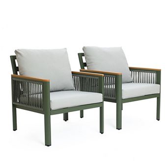 LuxenHome Outdoor Aluminum with Wood-Style Plastic Armchairs with Cushions, Set of 2