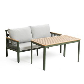 LuxenHome Outdoor Aluminum with Wood-Style Plastic Loveseat Sofa with Cushions and Coffee Table Set
