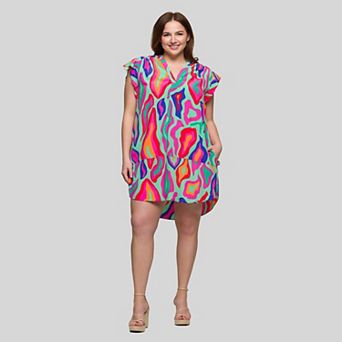 Plus Size 24Seven Comfort Apparel V-Neck Cap Sleeve Knee-Length Pocket Dress