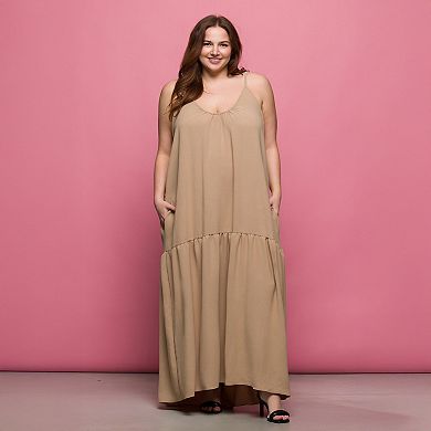 Plus Size 24Seven Comfort Apparel Lightweight Spaghetti Strap Pocket Maxi Dress