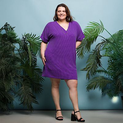 24seven Comfort Apparel Plus Size V Neck Loose Fit Short Sleeve Pocket T Shirt Dress-Purple-2X