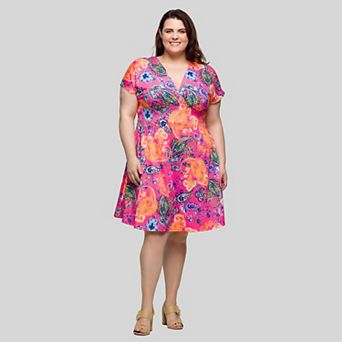Plus Size 24Seven Comfort Apparel V-Neck Empire Waist Knee-Length Dress