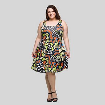 Plus Size 24Seven Comfort Apparel Butterfly Print Swing Dress