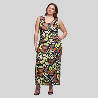 Plus Size 24Seven Comfort Apparel Butterfly Print Razorback Maxi Dress