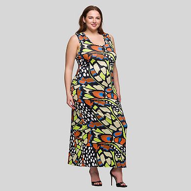 Plus Size 24Seven Comfort Apparel Butterfly Print Razorback Maxi Dress