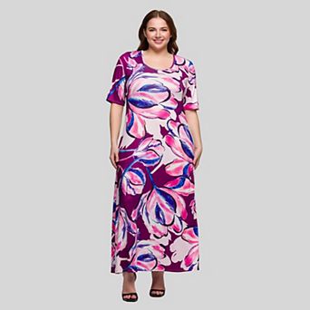 Plus Size 24Seven Comfort Apparel Floral Print Elbow Sleeve A-Line Maxi Dress